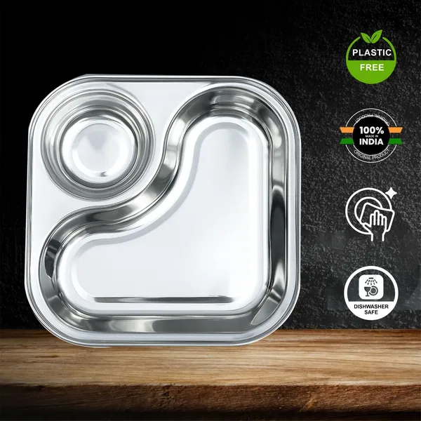 CutTales_Stainless_Steel_2_Section_Plate_Set_of_2,_Food_Grade_Snack_&_Meal_Serving_Plates