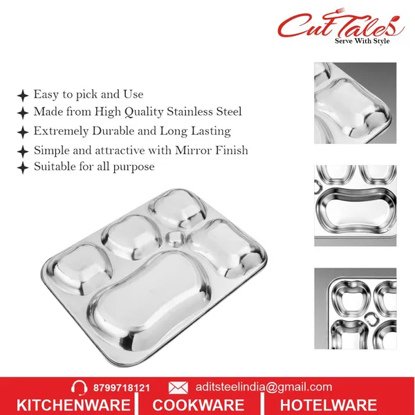 CutTales_Stainless_Steel_6_Section_Dinner_Plate_Set,_Compartment_Thali_for_Home_&_Office_Meals