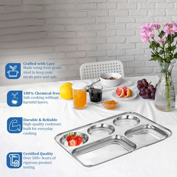 CutTales_Stainless_Steel_5_Section_Dinner_Plate_Set_of_6,_Compartment_Thali_for_Family_Dining
