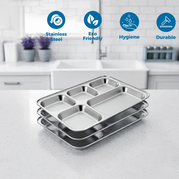 CutTales_Stainless_Steel_5_Section_Dinner_Plate_Set_of_2,_Compartment_Thali_for_Home_&_Office_Meals