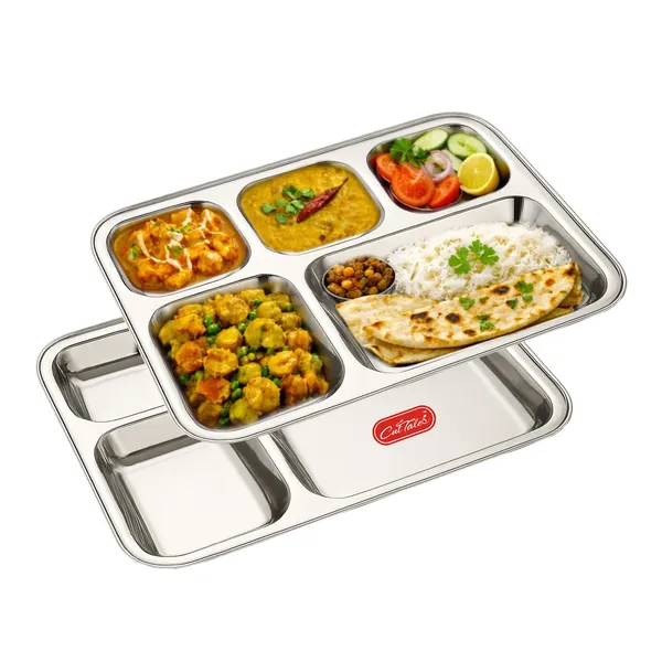 CutTales_Stainless_Steel_5_Section_Dinner_Plate_Set_of_2,_Compartment_Thali_for_Home_&_Office_Meals
