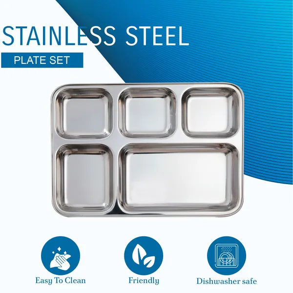 CutTales_Stainless_Steel_5_Section_Dinner_Plate_Set_of_2,_Compartment_Thali_for_Home_&_Office_Meals