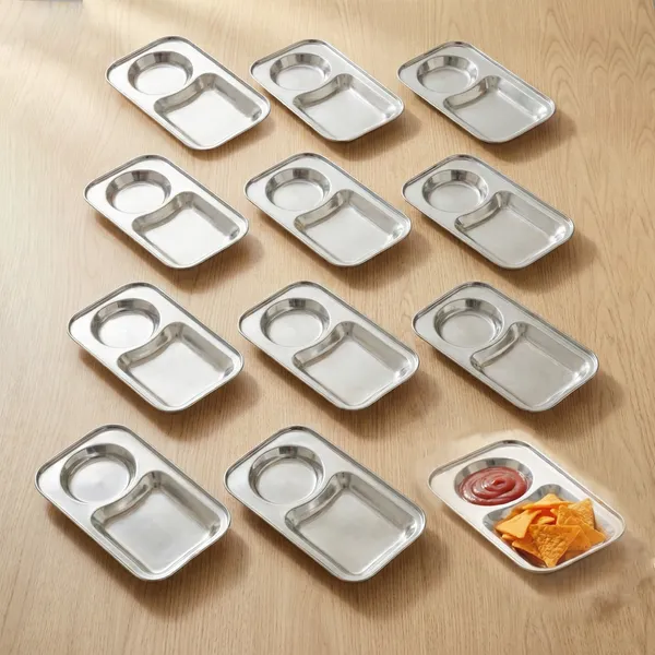 CutTales_Stainless_Steel_2_Section_Snack_Plate_Set_of_12,_Food_Grade_Serving_Plates_for_Home,_School_&_Parties