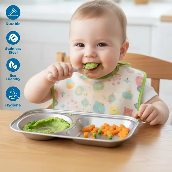 CutTales_Stainless_Steel_2_Section_Snack_Plate_Set_of_12,_Food_Grade_Serving_Plates_for_Home,_School_&_Parties