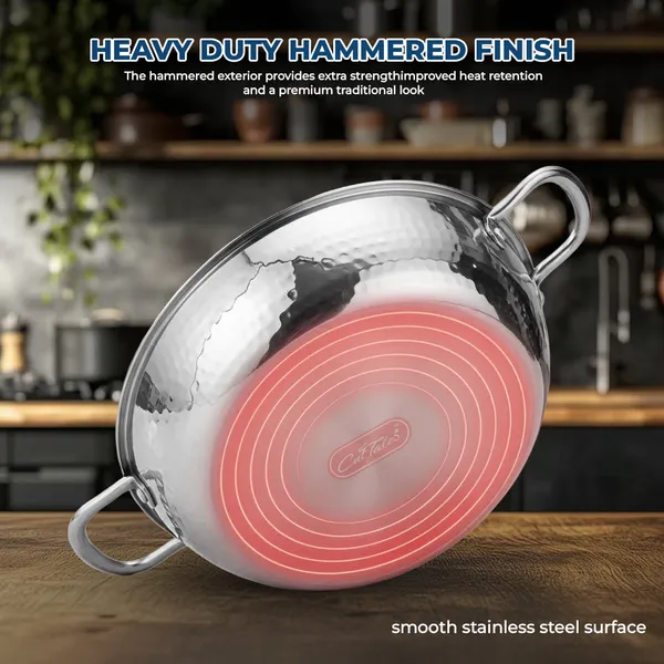 CutTales_Stainless_Steel_Hammered_Kadai,_Heat_Resistant_Heavy_Bottom_Cookware_with_Lid