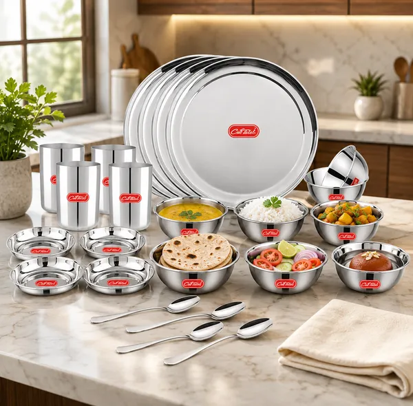 CutTales_24_Piece_Stainless_Steel_Dinner_Set_with_Plates,_Bowls,_Glasses_&_Spoons_for_Family_Dining