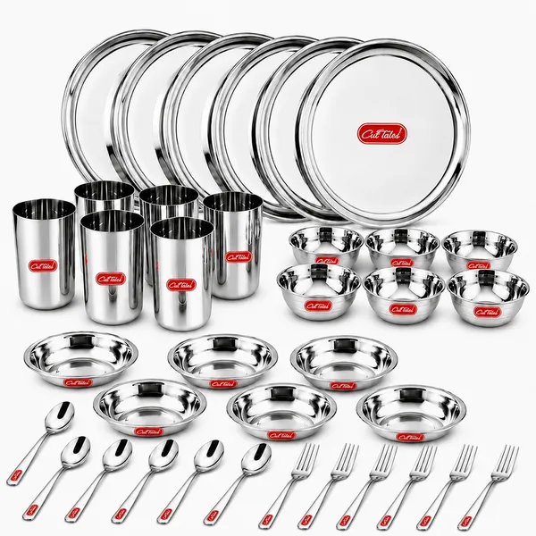 CutTales_36_Piece_Stainless_Steel_Dinner_Set_with_Plates,_Bowls,_Glasses_&_Spoons_for_Family_Dining
