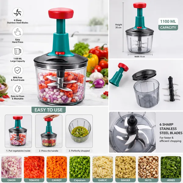 CutTales_Manual_Hand_Press_Bingo_Push_Chopper_with_5_Blades_for_Effortless_Chopping_Vegetables_&_Fruits_(Assorted,_1100_ml,_Plastic)