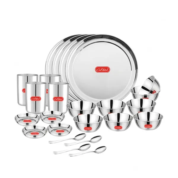 CutTales_24_Piece_Stainless_Steel_Dinner_Set_with_Plates,_Bowls,_Glasses_&_Spoons_for_Family_Dining