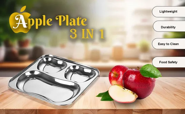 CutTales_Stainless_Steel_3_Section_Apple_Plate_Set_of_6,_Kids_Snack_&_Fruit_Serving_Tray