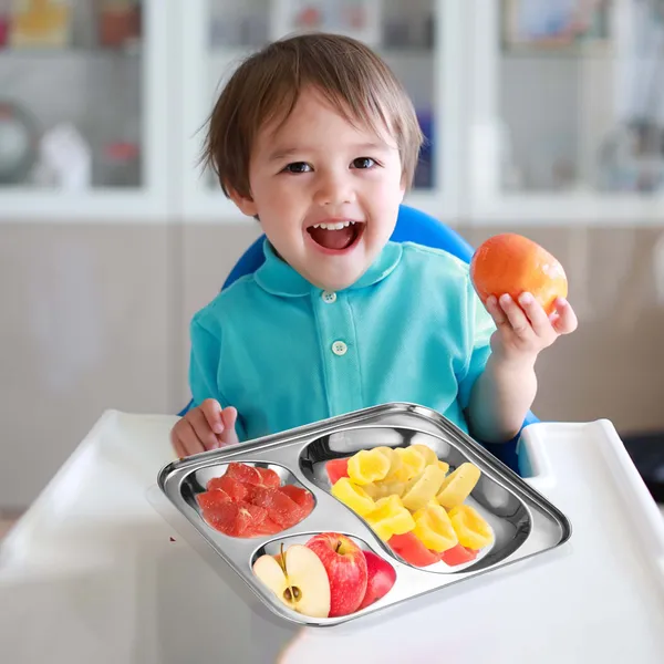 CutTales_Stainless_Steel_3_Section_Apple_Plate_Set_of_6,_Kids_Snack_&_Fruit_Serving_Tray