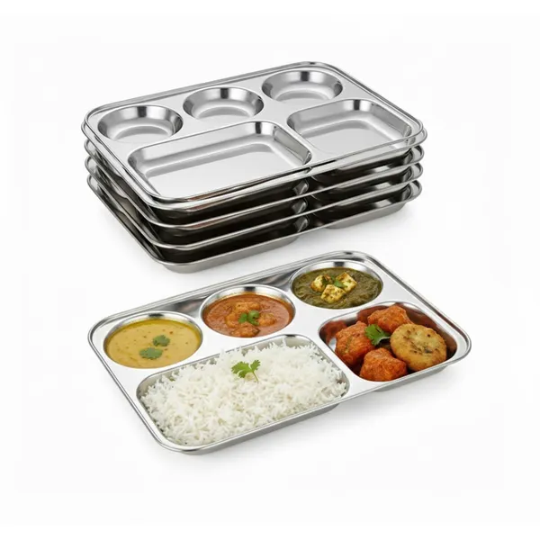 CutTales_Stainless_Steel_5_Section_Dinner_Plate_Set_of_6,_Compartment_Thali_for_Family_Dining