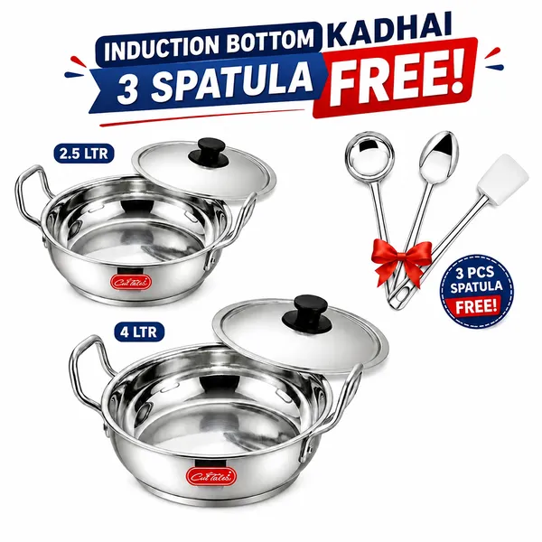 CutTales_Stainless_Steel_Induction_Bottom_Kadhai_2.5L_with_Lid,_Heavy_Base_Cookware_with_3_Free_Spatulas