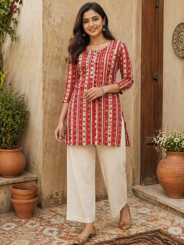 Red_Floral_Striped_Printed_Kurti_For_Women