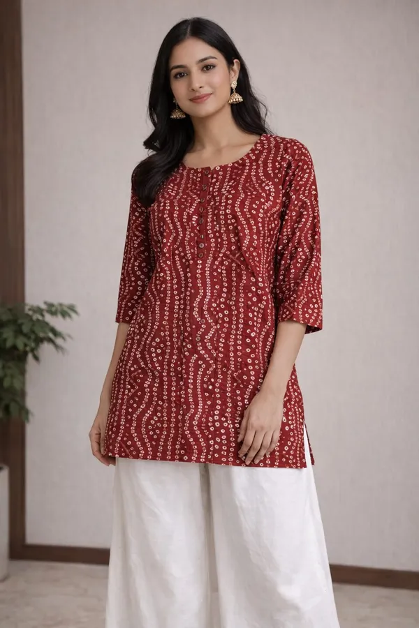 Maroon_Bandhani_Print_Short_Kurti_