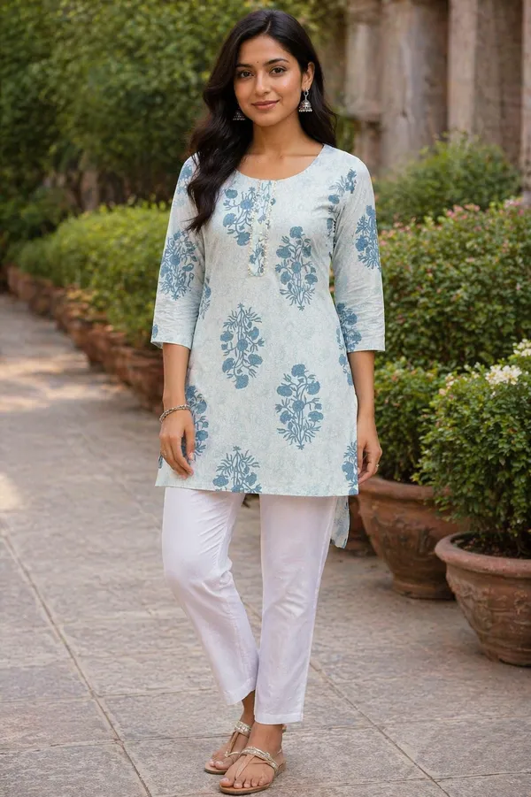 Light_Blue_Block_Print_Kurti_For_Women