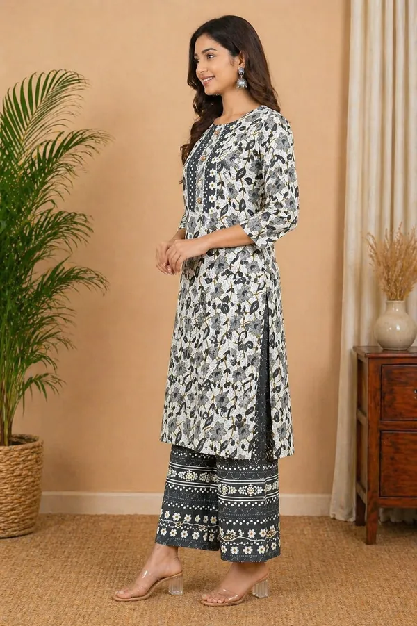Floral_Symphony_Grey_Printed_Cotton_Kurta_Pant_Set