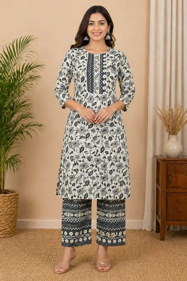 Floral_Symphony_Grey_Printed_Cotton_Kurta_Pant_Set