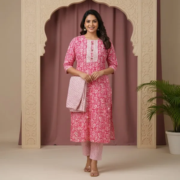 Pink_Floral_Printed_Kurta_Set_With_Embroidered_Yoke_And_Matching_Pants