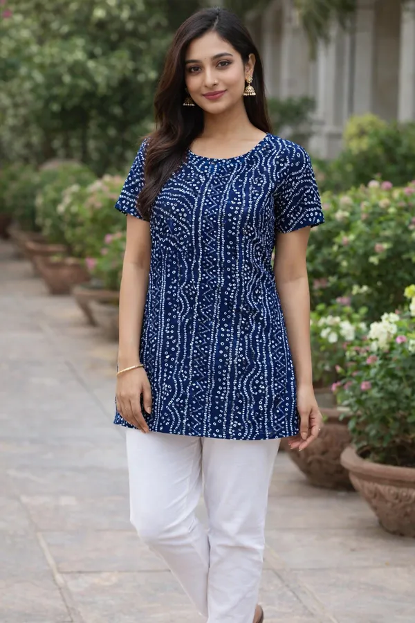 Navy_Blue_Bandhani_Print_Short_Kurti_For_Women