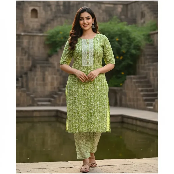 Green_Floral_Print_Kurta_With_Pants_Set