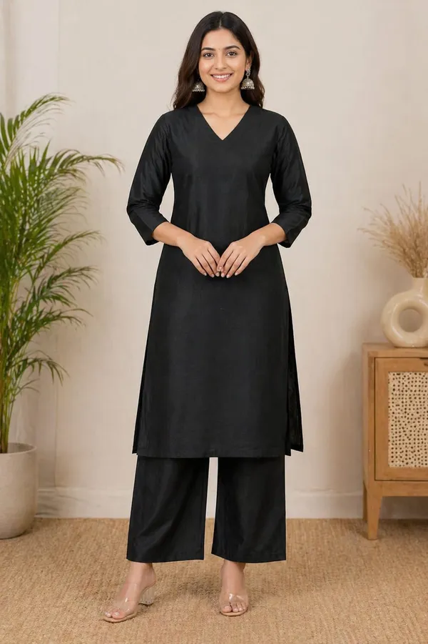 Noir_Elegance_V-Neck_Solid_Black_Kurta_Pant_Set