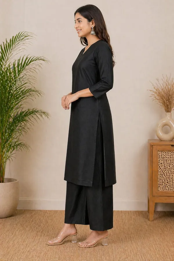 Noir_Elegance_V-Neck_Solid_Black_Kurta_Pant_Set