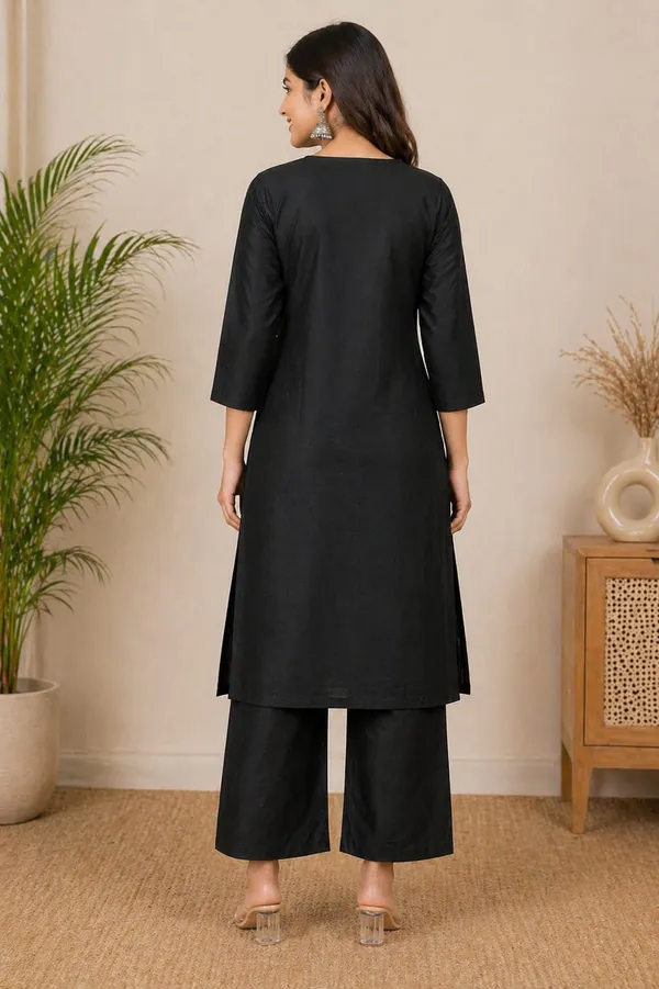 Noir_Elegance_V-Neck_Solid_Black_Kurta_Pant_Set