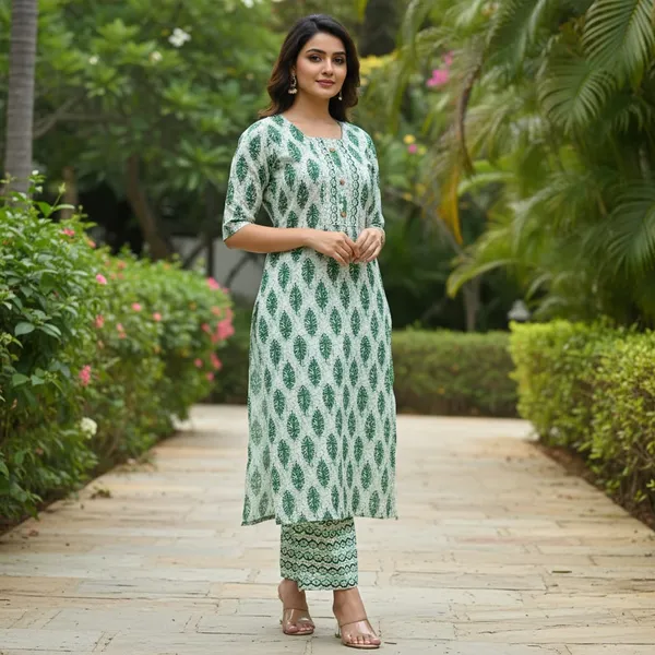 Green_Block_Print_Cotton_Kurta_With_Pants_Set_For_Women