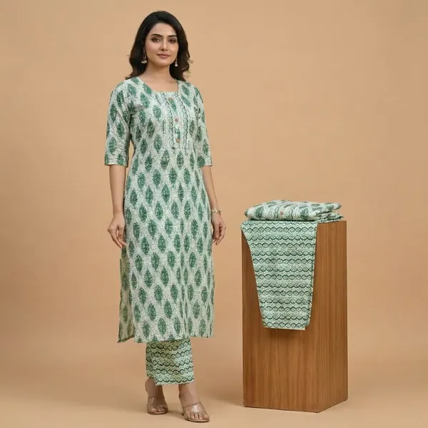 Green_Block_Print_Cotton_Kurta_With_Pants_Set_For_Women