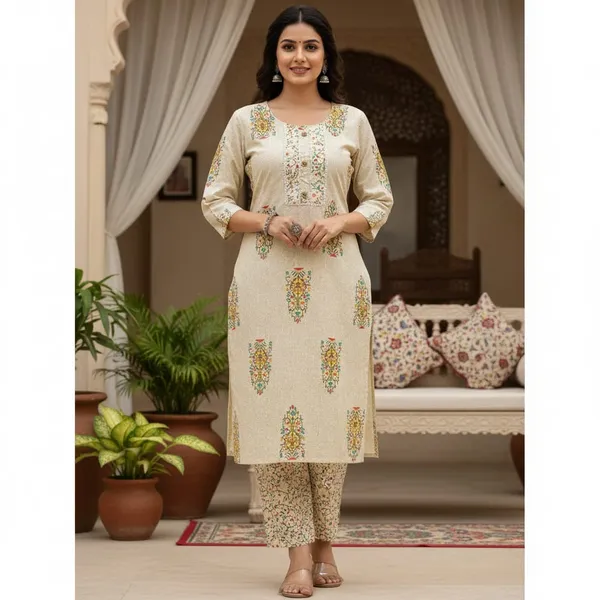 Off_White_Embroidered_Kurta_With_Printed_Pants_Set_For_Women