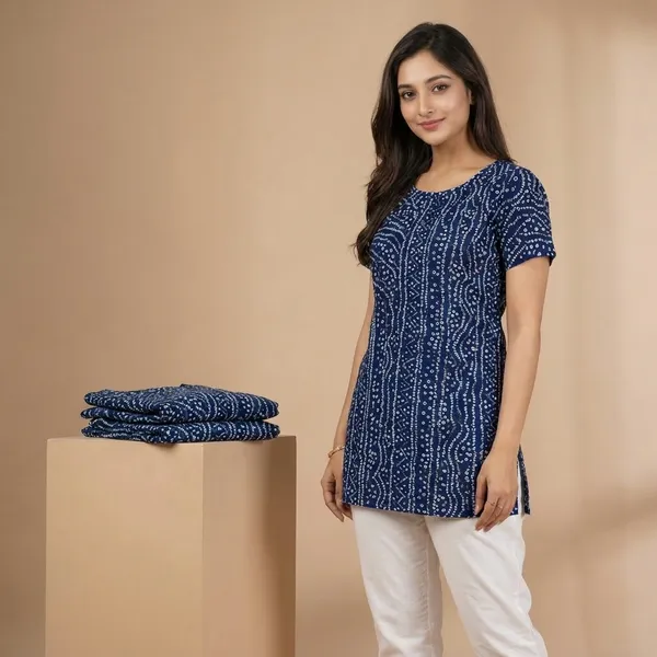 Navy_Blue_Bandhani_Print_Short_Kurti_For_Women