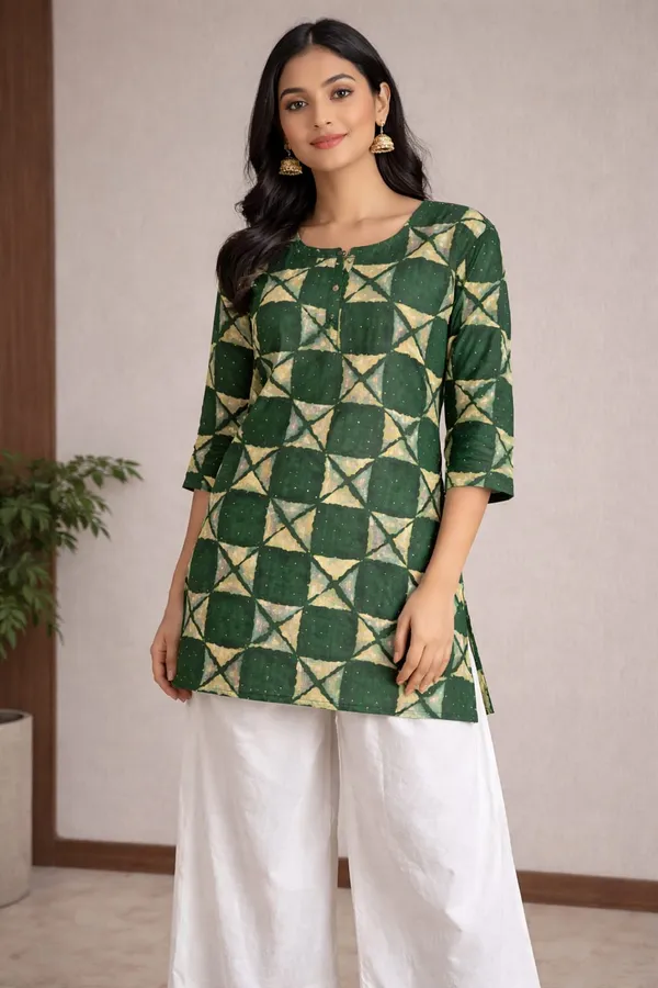 Green_Geometric_Print_Cotton_Kurti_With_3/4_Sleeves
