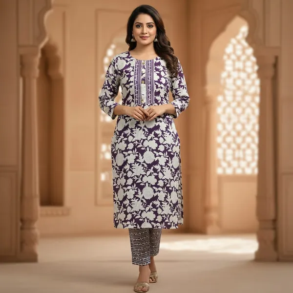 Elegant_Floral_Print_Kurta_With_Embroidered_Yoke_And_Pants_Set