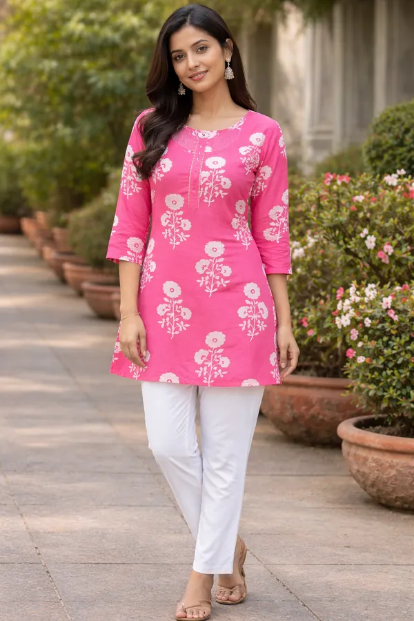 Pink_Floral_Printed_Straight_Kurti_For_Women