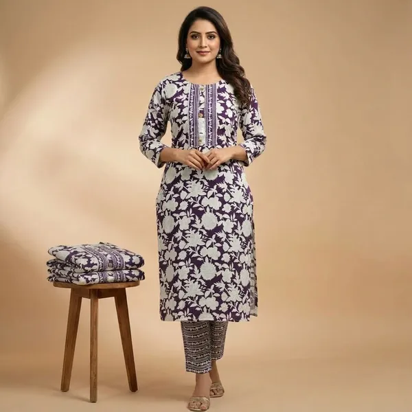 Elegant_Floral_Print_Kurta_With_Embroidered_Yoke_And_Pants_Set