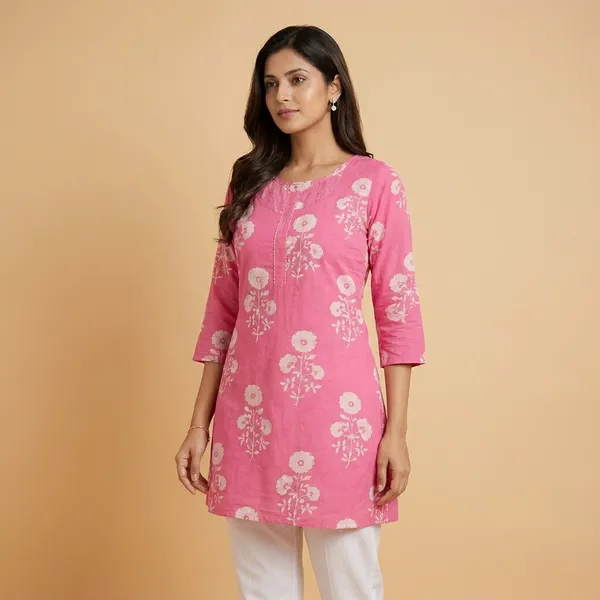 Pink_Floral_Printed_Straight_Kurti_For_Women