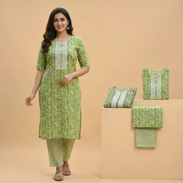 Green_Floral_Print_Kurta_With_Pants_Set