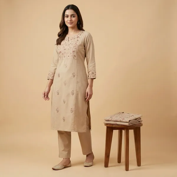 Off_White_Embroidered_Kurta_With_Printed_Pants_Set_For_Women