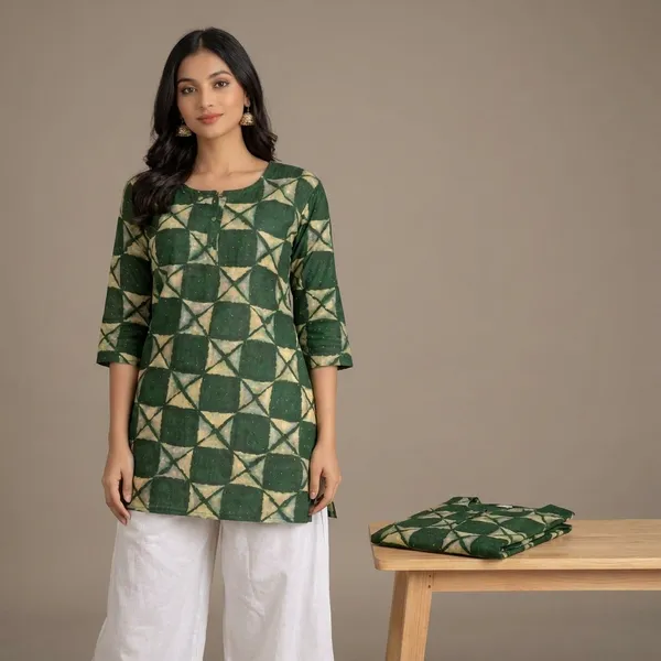 Green_Geometric_Print_Cotton_Kurti_With_3/4_Sleeves