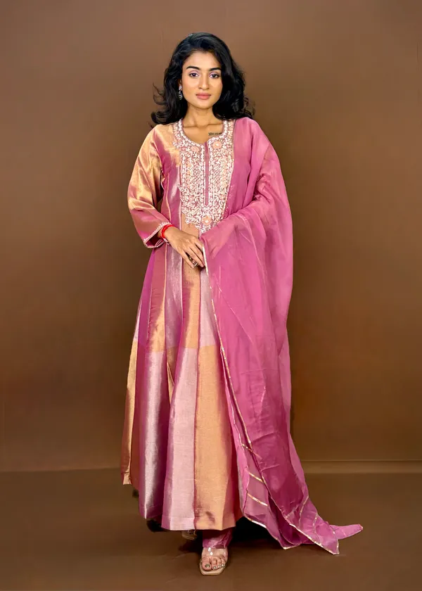 Elegant_Pink_And_Gold_Striped_Anarkali_Suit_With_Embroidered_Yoke