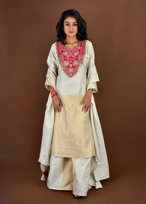 Offwhite_Embroidered_Kurta_Palazzo_Set_With_Pink_Embellished_Neckline