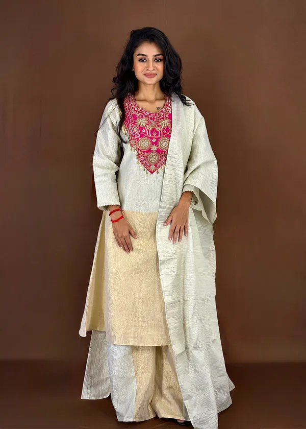 Offwhite_Embroidered_Kurta_Palazzo_Set_With_Pink_Embellished_Neckline