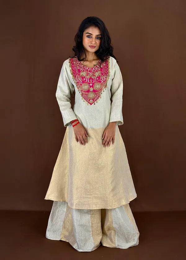 Offwhite_Embroidered_Kurta_Palazzo_Set_With_Pink_Embellished_Neckline