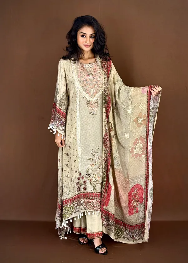 Embroidered_Ethnic_Kurti_Set_With_Dupatta_Beige_And_Red