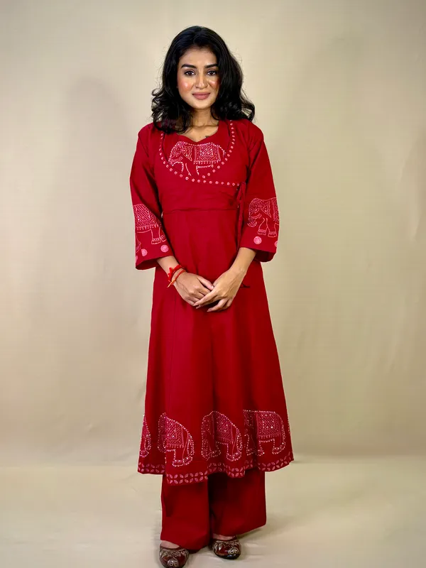 Red_Elephant_Embroidered_Cotton_Kurta_Set_With_Palazzo_Pants