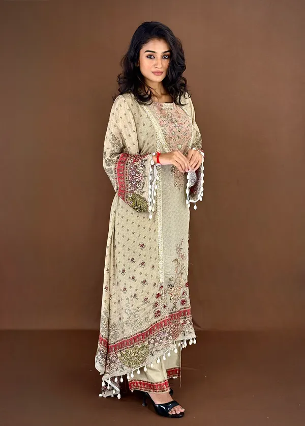 Embroidered_Ethnic_Kurti_Set_With_Dupatta_Beige_And_Red