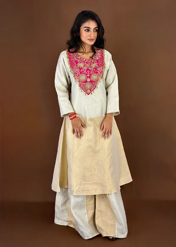 Offwhite_Embroidered_Kurta_Palazzo_Set_With_Pink_Embellished_Neckline