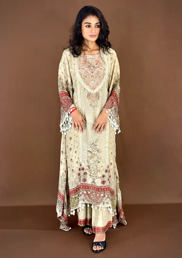 Embroidered_Ethnic_Kurti_Set_With_Dupatta_Beige_And_Red