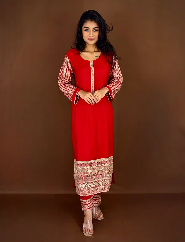 Womens_Red_Ethnic_Kurta_Set_With_Printed_Sleeves_And_Border